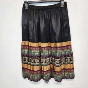 Vintage 70s Broomstick Midi Skirt Size 14P 28" Black Gold Rayon Etruscan Banjara